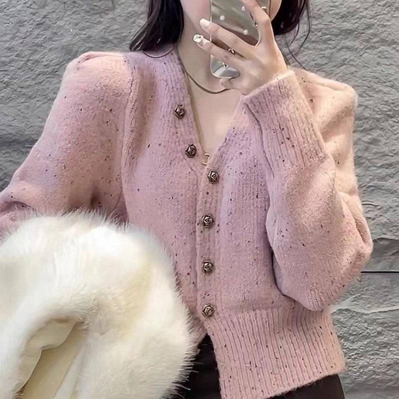 

Необычный дизайн с чернильными точками, вязаный кардиган с длинными рукавами, женский, осенне-зимний, новая модная модель, топ с V-образным вырезом, тренд one size fits all розовый