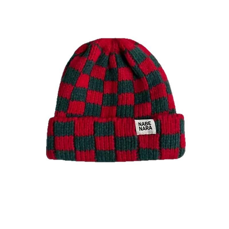 New autumn and winter knitted hats, women's ear protectors, warm contrasting color checkerboard, small versatile wool hats, couple cold hats