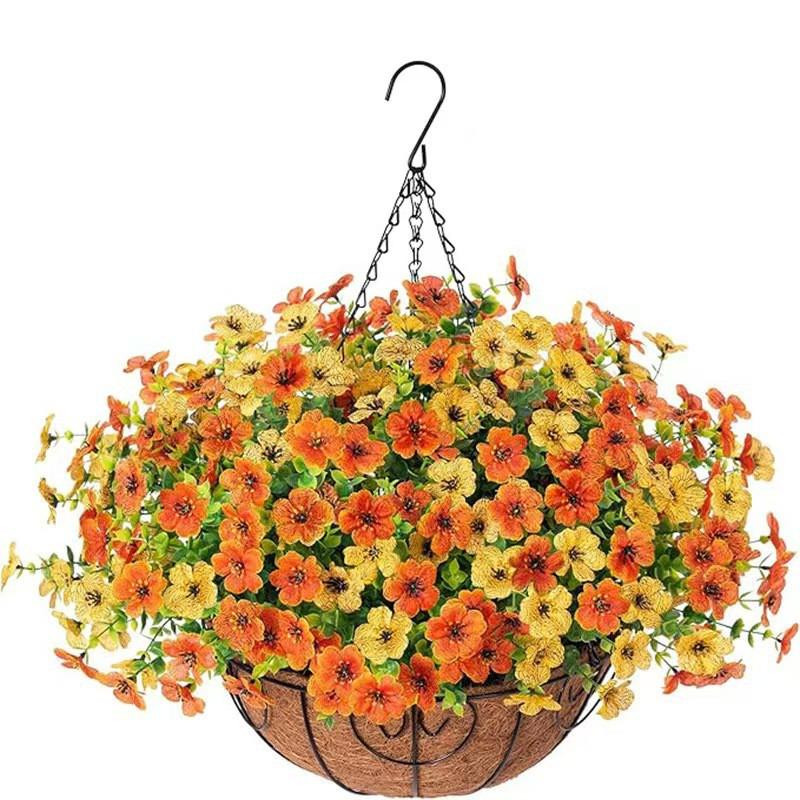 Artificial Violet Flower Hanging Basket With Iron Frame Coconut Fiber Liner Outdoor Garden Decor