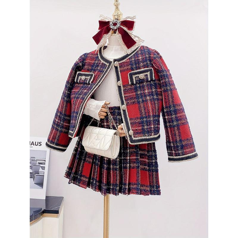 

Девочковый весенне-осенний комплект «Маленький аромат», Молодежный новый клетчатый жакет для девочки + плиссированная юбка «Маленький аромат», комплект из двух предметов 120cm красный