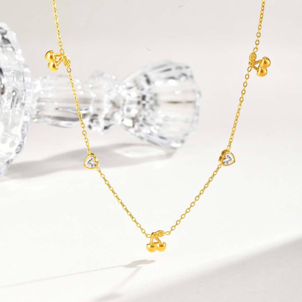 Wind Niche Sweet Girl Thin Chain Collarbone Chain Stainless Steel Diamond Cherry Bow Necklace Nc-2393