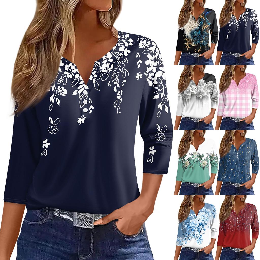 Women's Floral Print V,Neck Casual Three,Quarter Sleeve Button,Detail Top