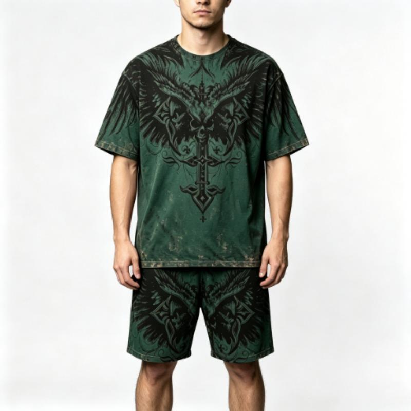 Summer Gothic Style Vintage Skull Cross Printed Round Neck Short Sleeved T-Shirt And Shorts Set Men's and Women's T-shirt Shorts Set