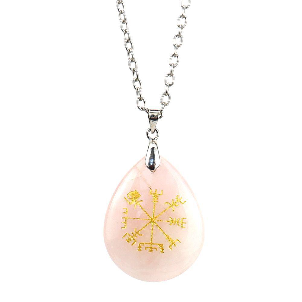 

Engraved Vegviir Symbol Natural Crystal Rough Stone Water Drop Necklace Pendant N629