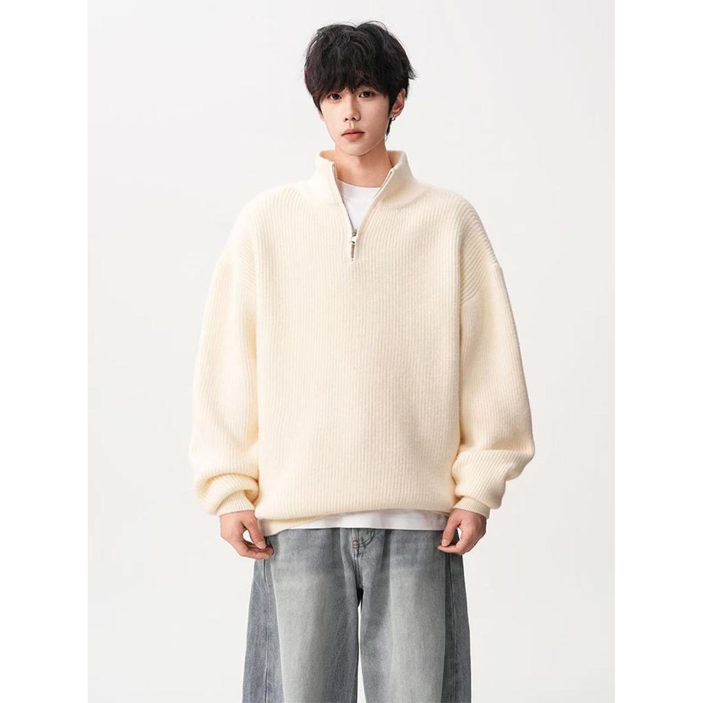 Men's Loose Knit Half-Zip Sweater - Solid Color, Stand-Up Collar, Cozy Autumn/Winter Pullover