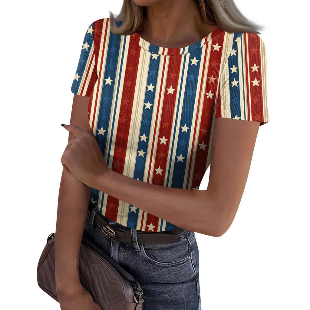 Women's Casual Fashion Round Neck Independence Day Print Short-Sleeve Ribbed Top
