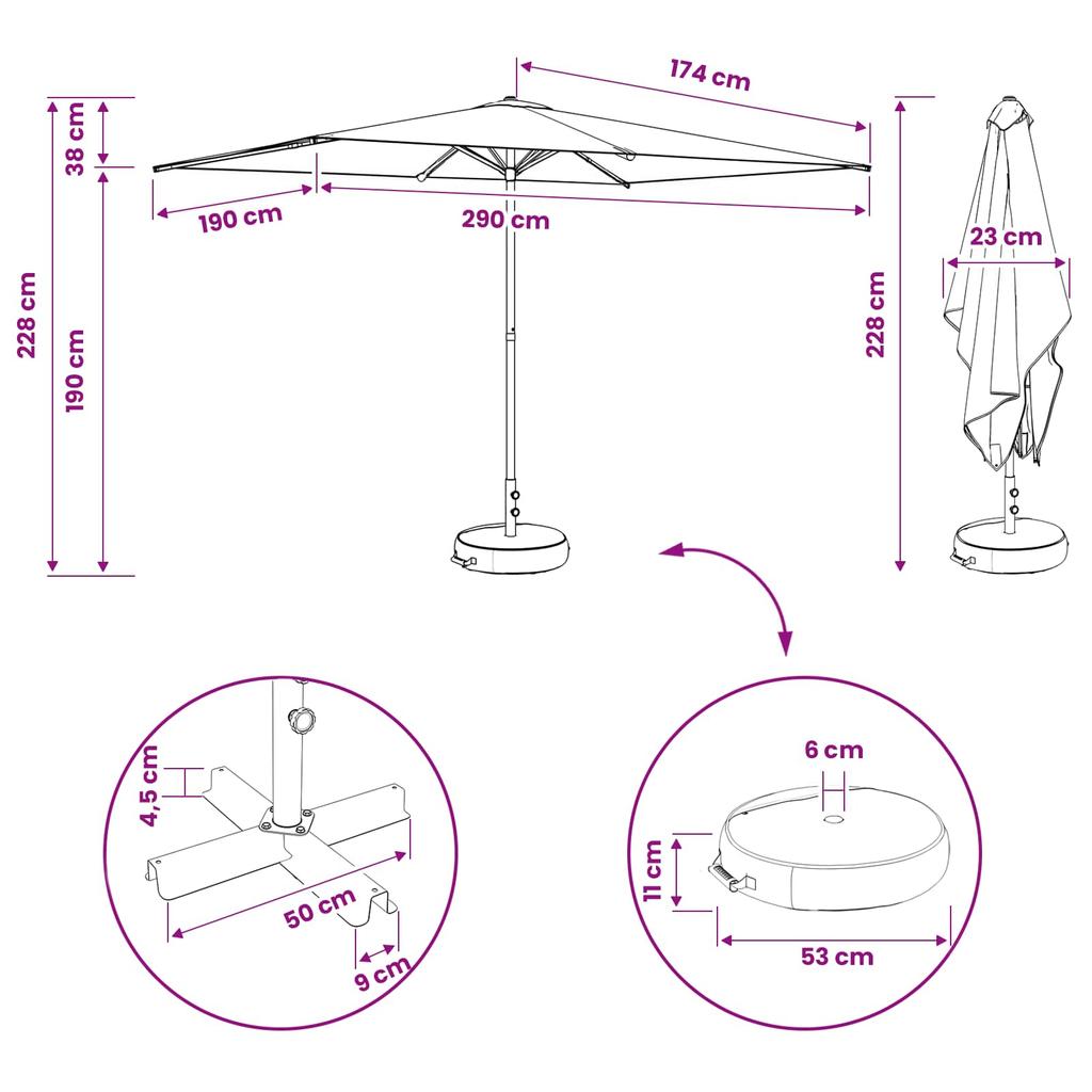 Garden Umbrella with Base 200 X 300 Cm Polyester Rectangular Cream