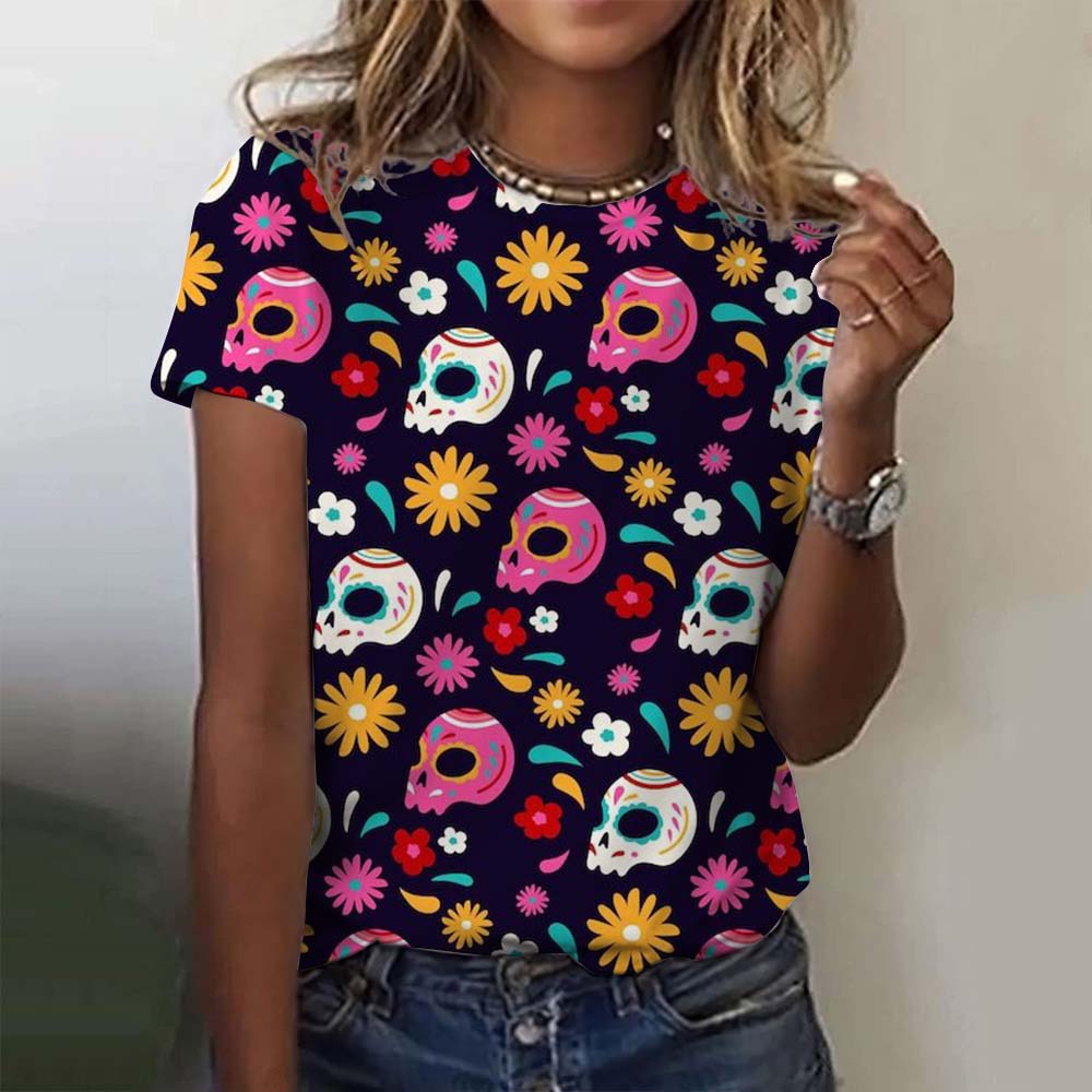 Summer Round Neck 3D Colorful Skull Pattern Print Top Fashionable Casual Short Sleeved Women's T-shirts