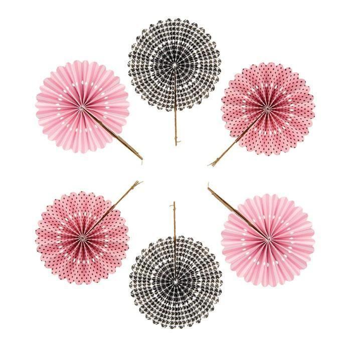 6 éventails en papier rose et noir