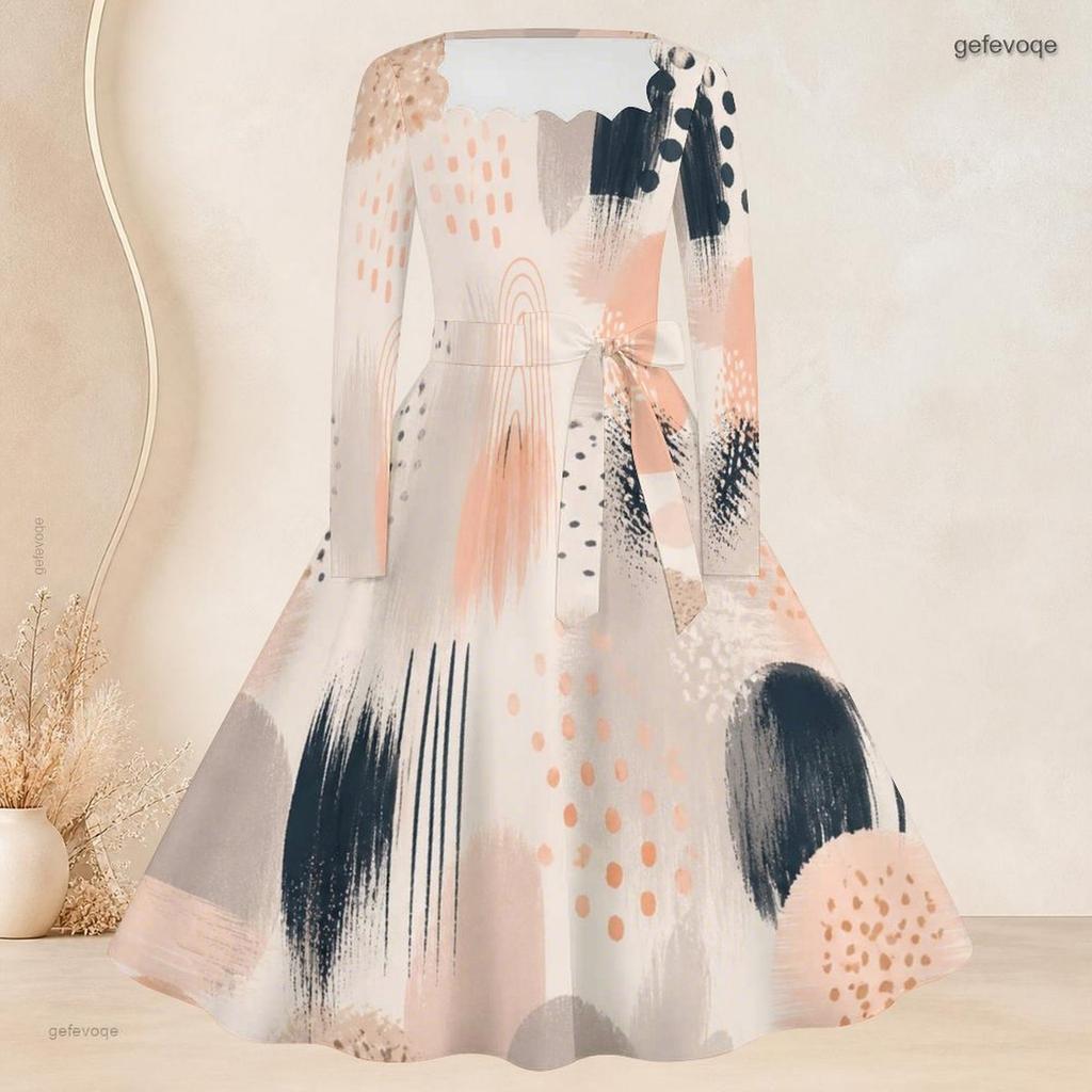 Women Plus Size Square Neck Long Sleeve Tropical Leaf Printed Dress Belted A Line Flared Hem