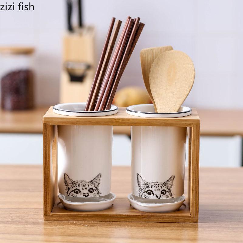 Cat Ceramic Chopsticks Holder Set Drain Rack Chopstick Cage Cutlery Box Kitchen Storage Organizer Chopsticks Box Storage Rack