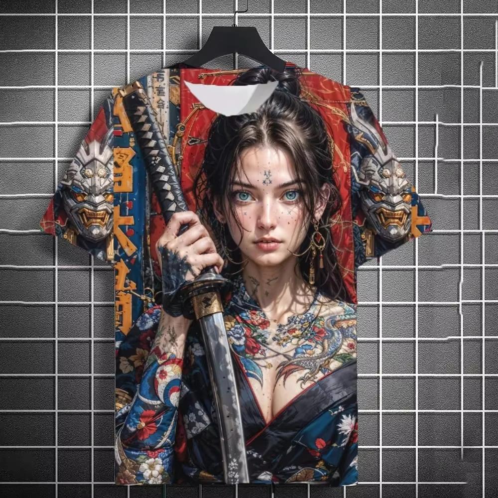 2026 New Men's Samurai Tattoo Girl T-shirt Street 3D Printed Neutral Personality Anime T-shirt Summer Women's Short Sleeve