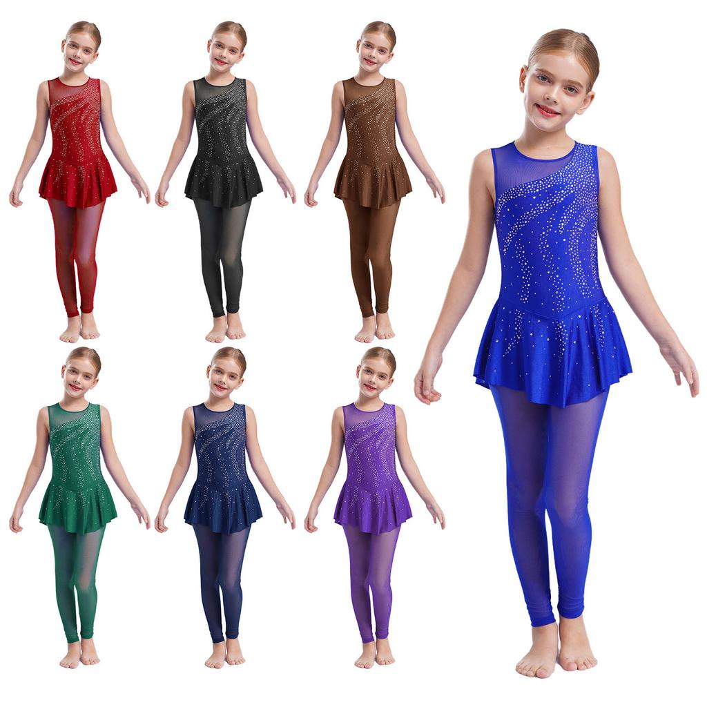 Girls Gymnastics Jumpsuit Shiny Rhinestones Sleeveless Keyhole Back Full Length Skirted Bodysuit