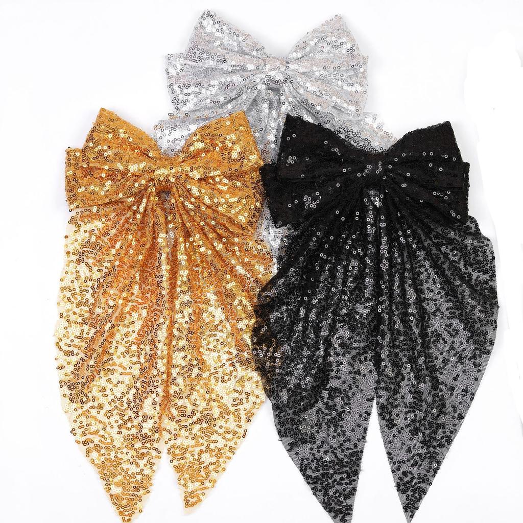 Champagne Glitter Sequin Hair Clips Oversized Bow Hairpins for Girls Children's Fashion Hair Accessories Back Head Barrettes