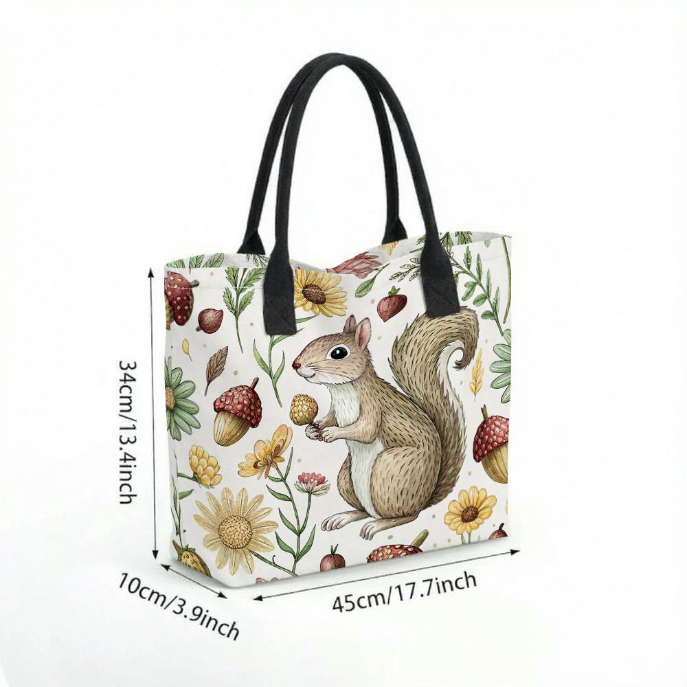 Cute Squirrel Floral Casual Canvas Tote Bag for Daily Shopping
