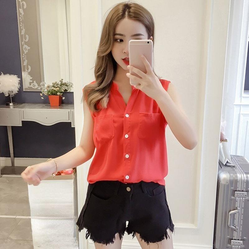 

Повседневная однотонная свободная рубашка без рукавов для женщин с большим карманом, простой и свежий жилет с V-образным вырезом XL красный