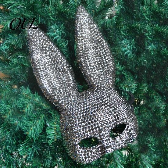 Festival Performance Props Disco Mirror Rhinestone Rabbit Mask, Sparkly Glitter Bunny Face Mask Cute Cosplay Ears for Halloween Party, Shiny