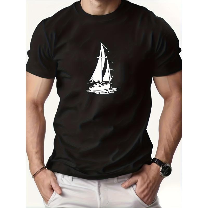 European Size Men'S Casual Sailboat Patterned Summer T-Shirt - Lightweight And Breathable Round Neck Short-Sleeve Tee, Perfect for The Beach