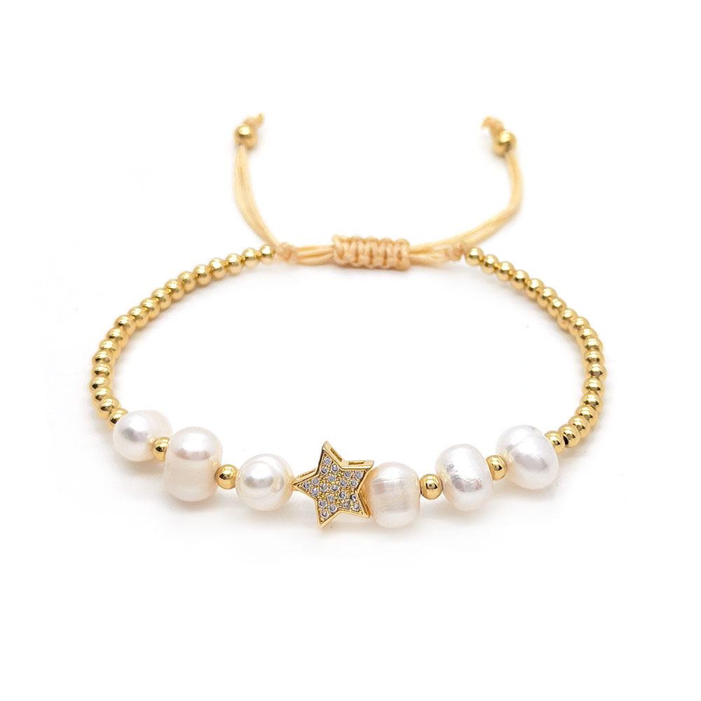 European & American Style Pearl Bracelet with Star Charm and Micro-Inlaid Diamonds
