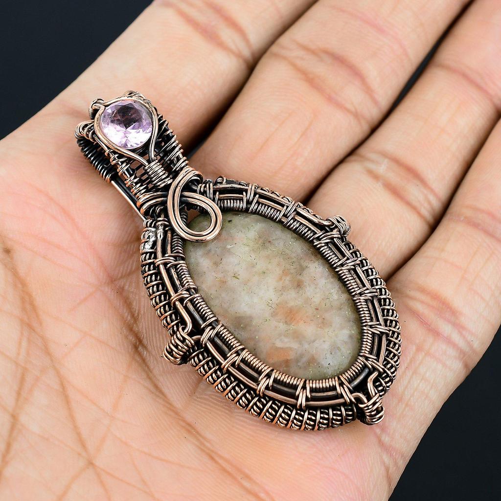Sunstone & Kunzite Gemstone Handmade Pure Copper Wire Wrapped Pendant Jewelry For Thanksgiving