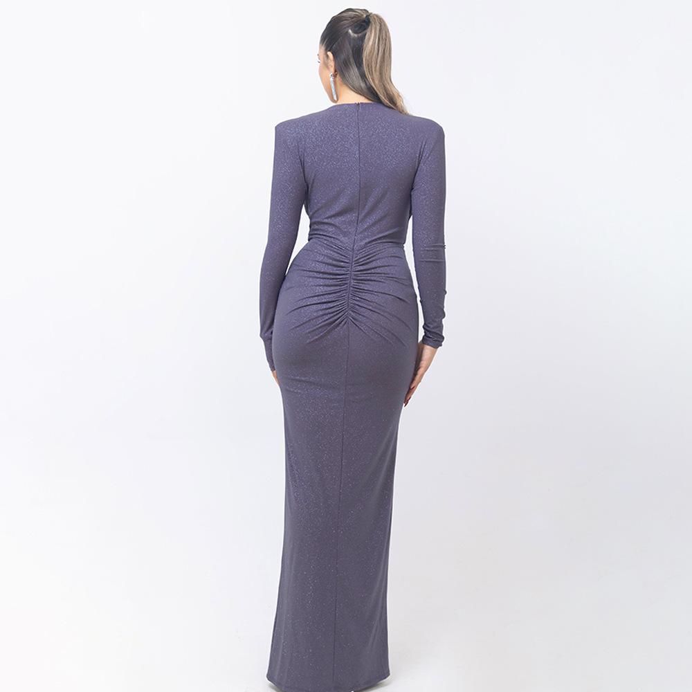 Long Sleeve Ruched Sexy Maxi Dress For Women Gown Fashion Skew Collar Draped Thigh High Split Club Long Dress