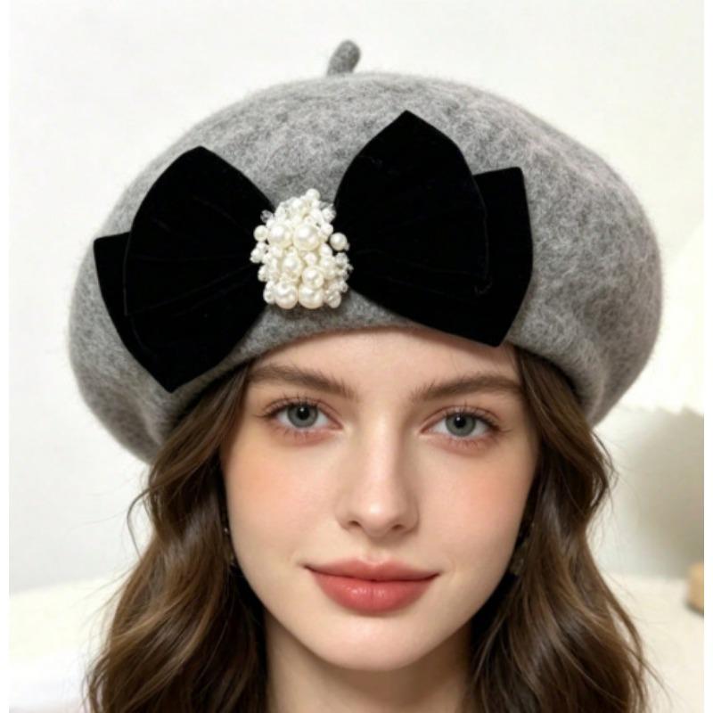 Women S Velvet Bow Pearl Warm Korean Style Beret Hat