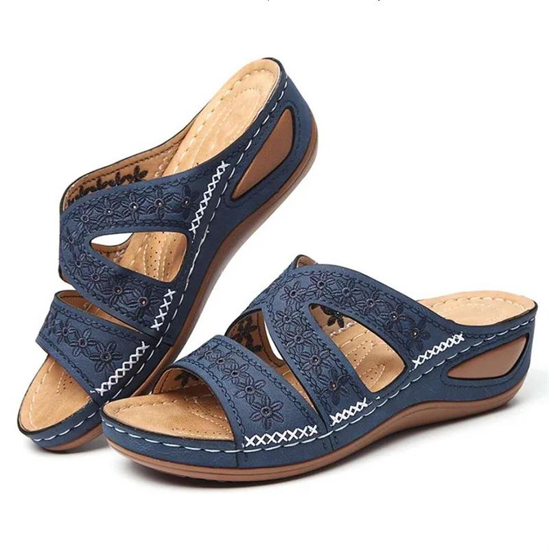 Sommer Neue Damen Casual Keilsandalen Lässige Zehensandalen Vintage Rutschfestes Leder Lässige Damen Plateau Retro Schuhe
