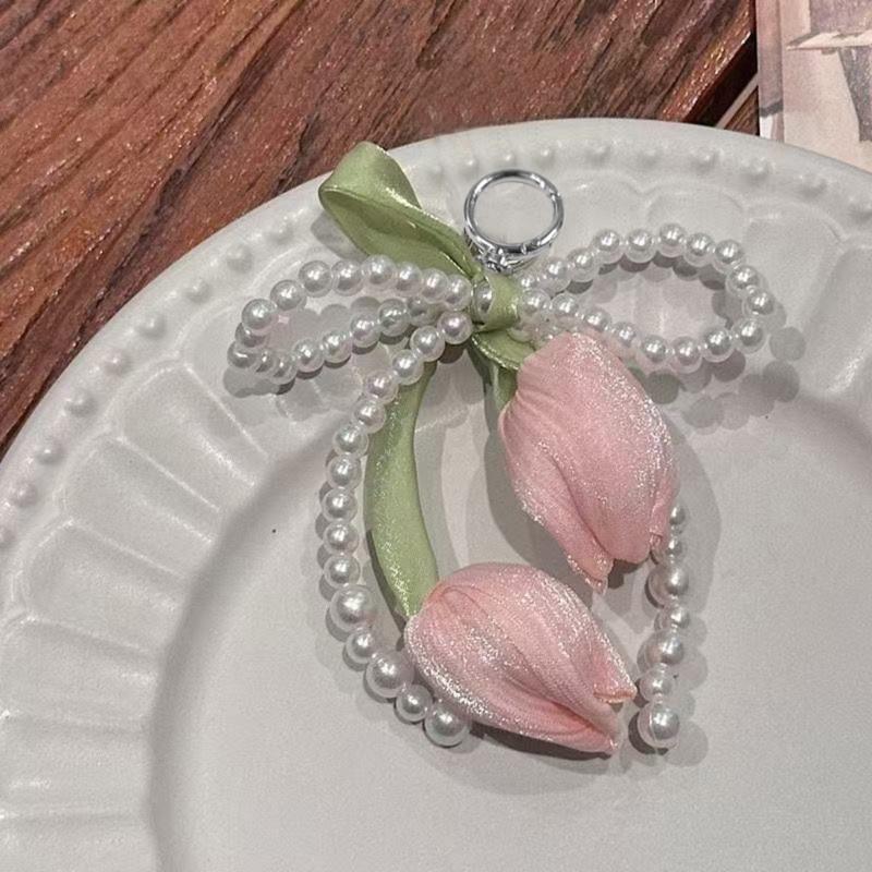 Tulips Pearls Beaded Braided Keychain Bowknot Charm For Handbag Purse Backpack Jewelry Accessories Fashion Decoration