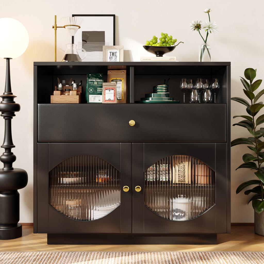 Sideboard Küchenschrank Glastüren 3 Schubladen 2 Türen Moderne Buffetschrank viel Stauraum Beistellschrank Esszimmer Wohnzimmer Schwarz 120cm
