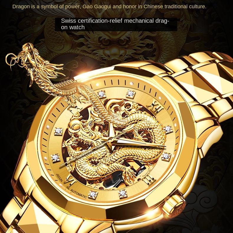 JINSHIDUN Brand Watch Automatic Mechanical Watch Tuhao Gold Dragon Watch Waterproof Glow-in-the-dark Men's Watch