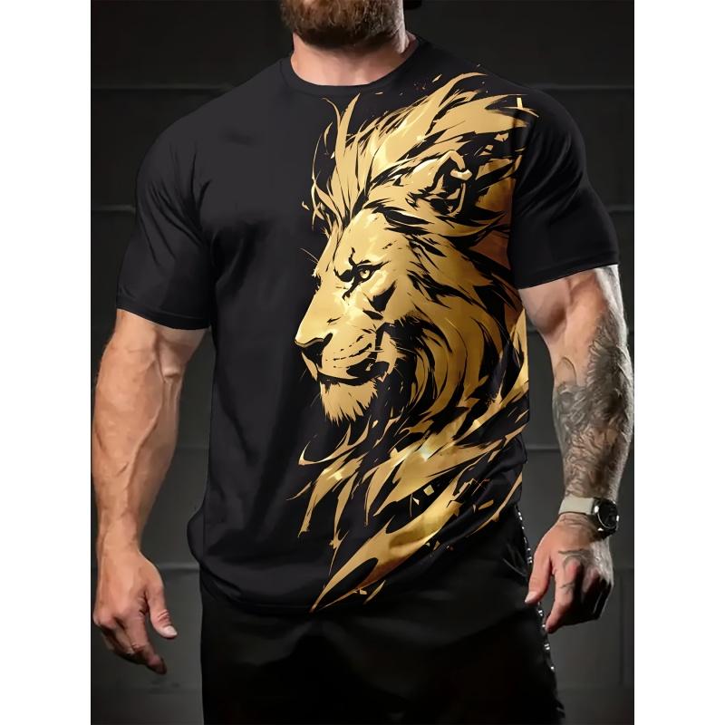 Tricouri de vară cu gât rotund, cu imprimeu 3D cu model leu, la modă, casual, cu mânecă scurtă pentru bărbați