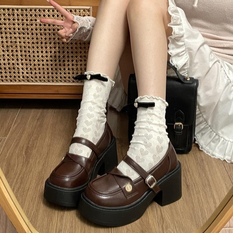 Women's Thick Bottom 8CM Heels Mary Jane Shoes Retro Preppy Style Leather Dumpy Uniforms Autumn JK Platform Shoes for Students
