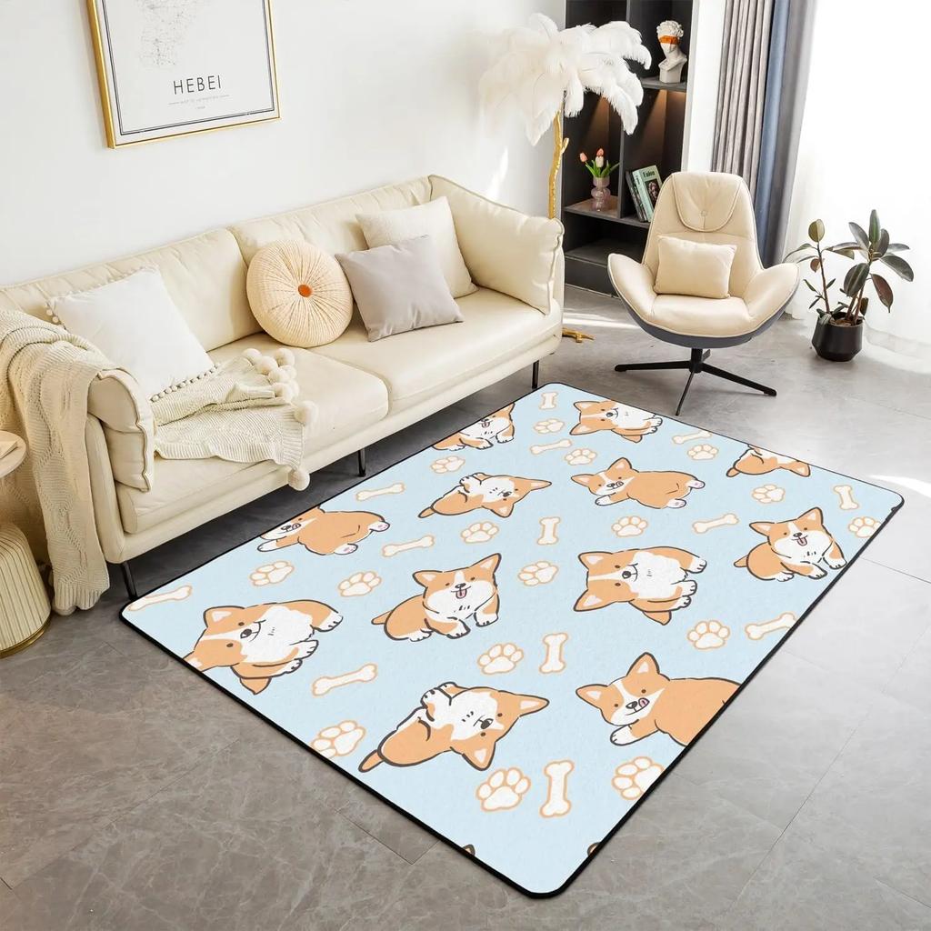 Cute Dog Print Area Rug Cartoon Corgi Pet Bones Living Room Rugs Playmat Lovely Puppy Animals Decorative Rug Indoor Floor Mat