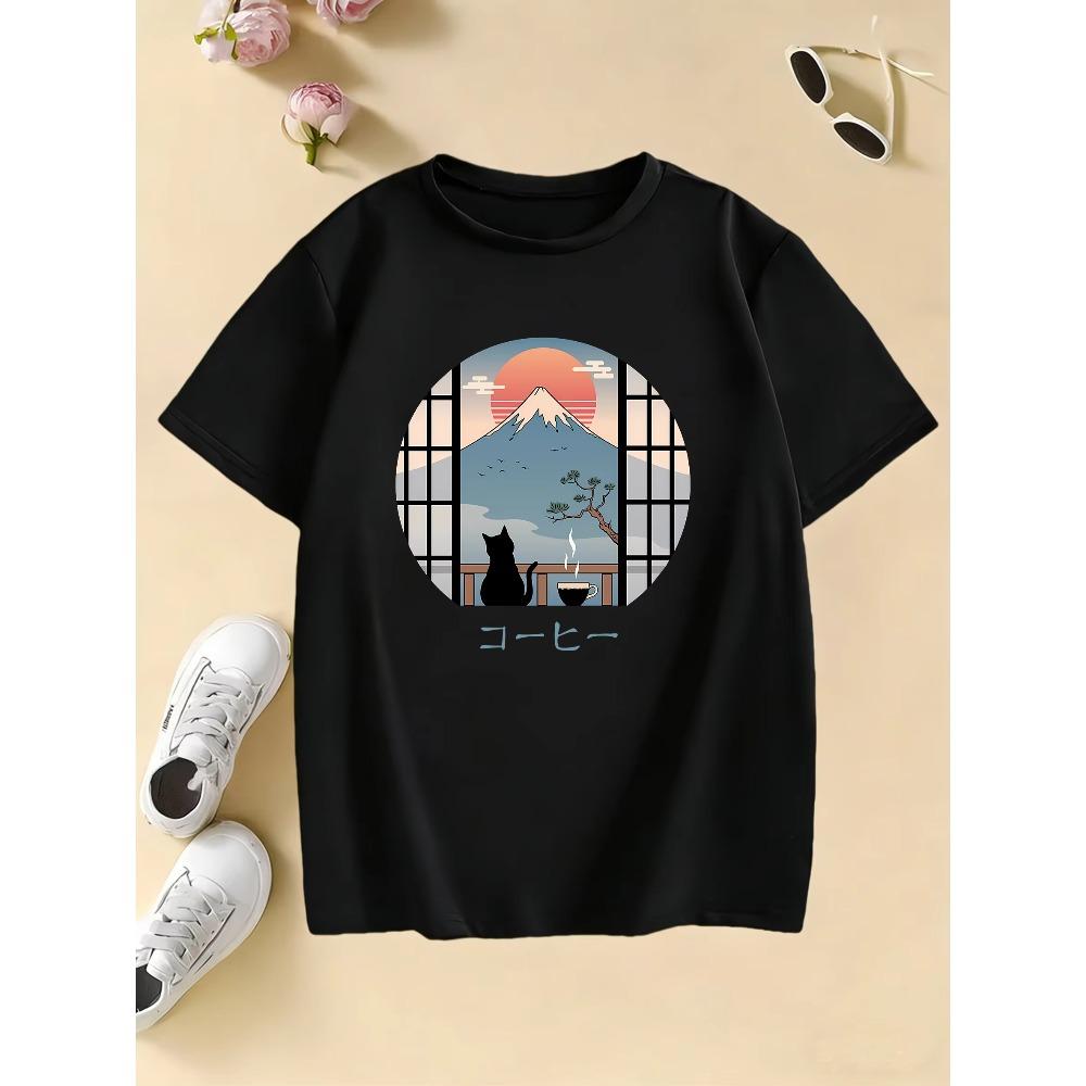 T-shirt Stile Giapponese Fiore con Gatto Manga Bambini T-shirt Bambino Ragazzo Ragazza Estate Primavera Top Casual Tee