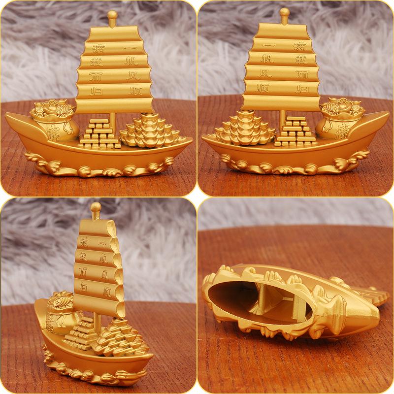 Gold Plated Sailing Ship Ornament with Yuanbao and Gold Bar for Smooth Sailing Decoration