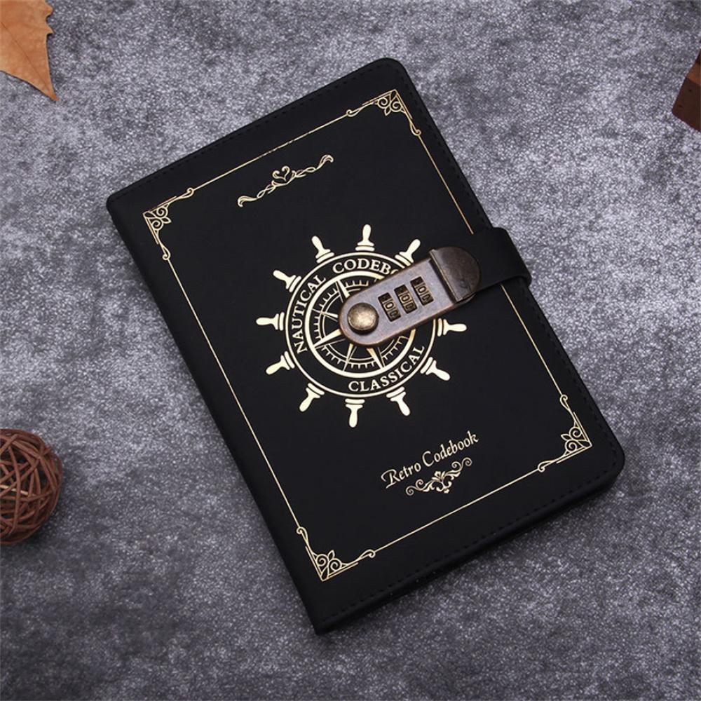 Black Pu Leather+Paper Notebook With Code Lock 215X145Mm Retro Diary Note Book