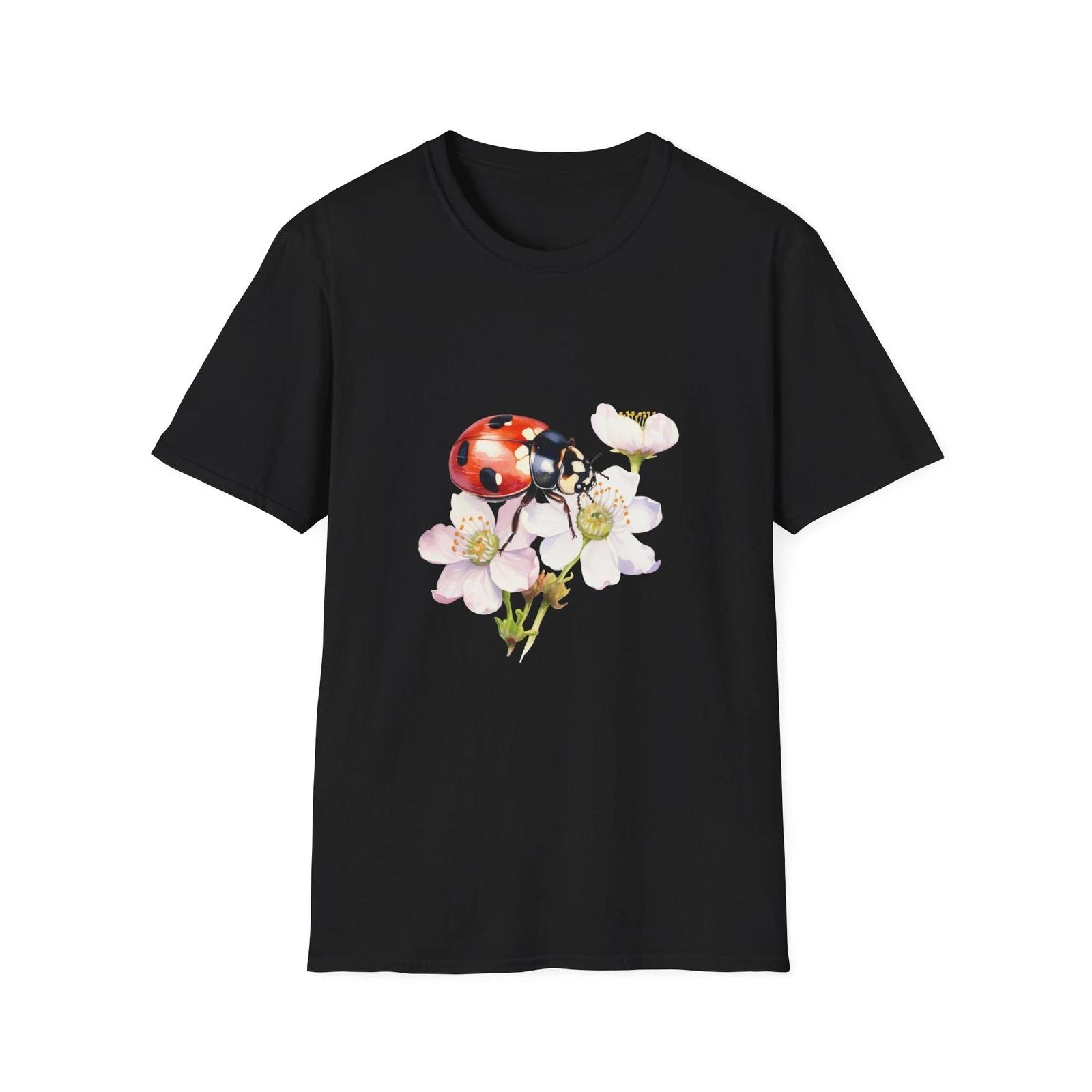 Ladybug Floral Spring T-Shirt, Bug Lover Gift, Nature Tee, Red Black Insect Top, M