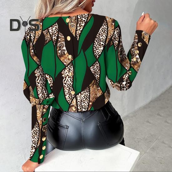 Women Spring Shirt Color Matching Print O Neck Long Sleeve Button Decor Soft Breathable Elegant OL Commute Blouse