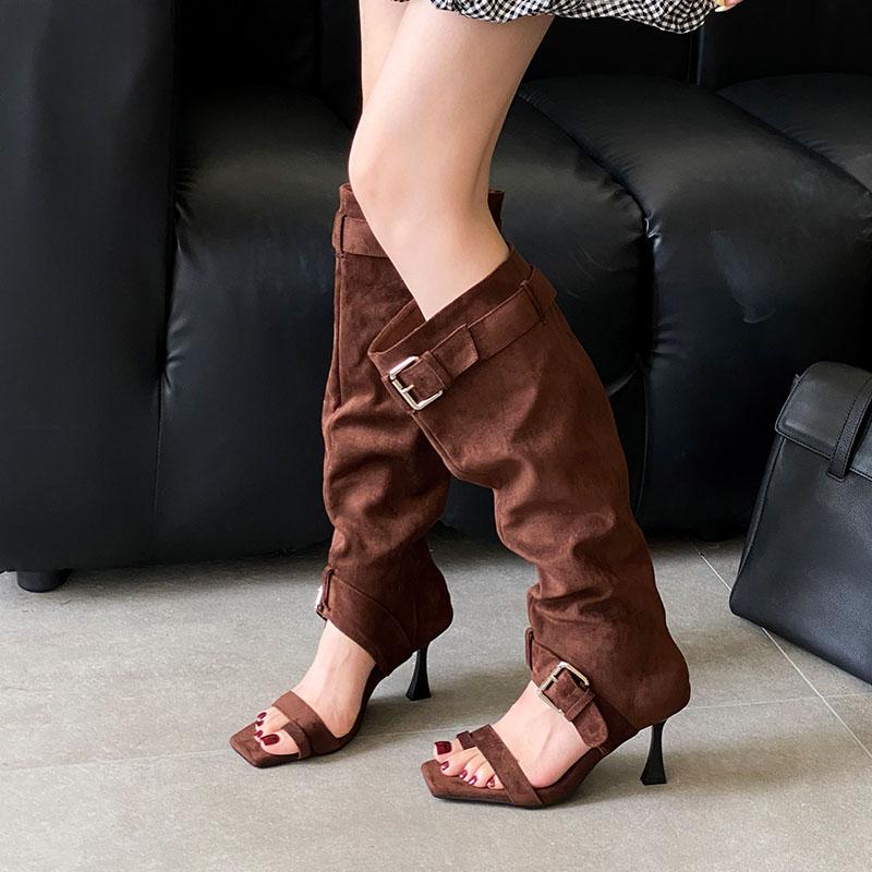 Móda Dámská Obuv s Otevřenou Špičkou Dámské Sandály Kozačky s Tenkými Podpatky Boty Čtvercová Špička Módní Semišové Dámské Kozačky po Koleno Boty Lodičky