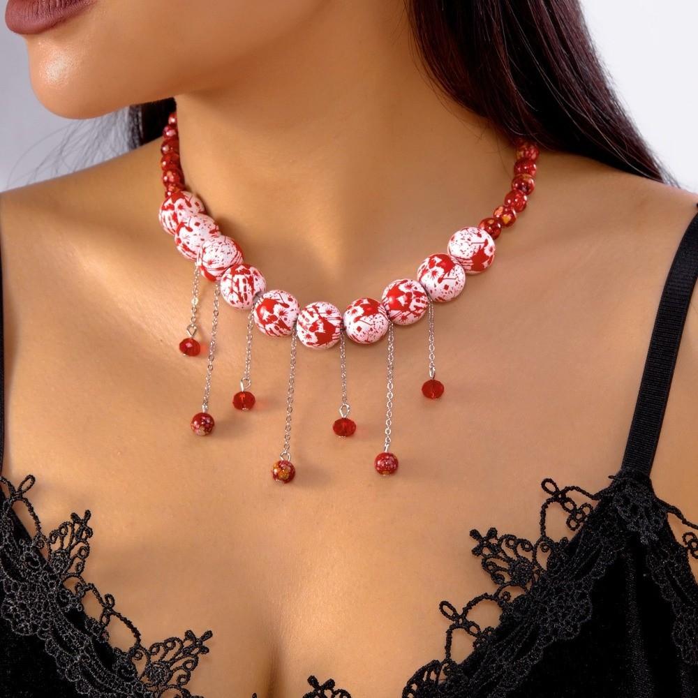 Black Rope Blood Beads Collarbone Chain Tassel Halloween Jewelry Halloween Necklace  Cosplay