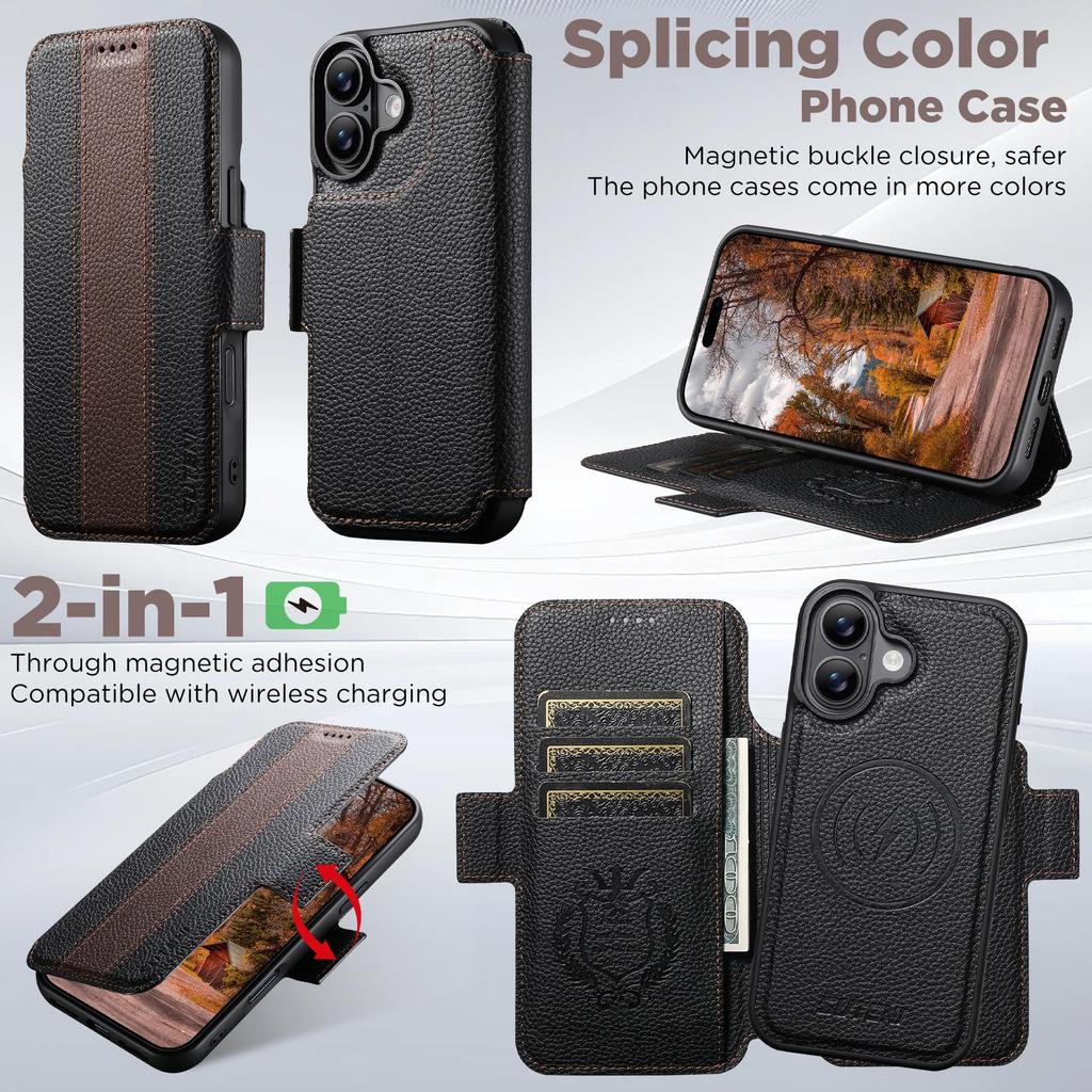 iPhone 17 Flip Case: Card Slot, Magnetic Snap, Wireless Charging Stand, Color Block Wallet, Leather