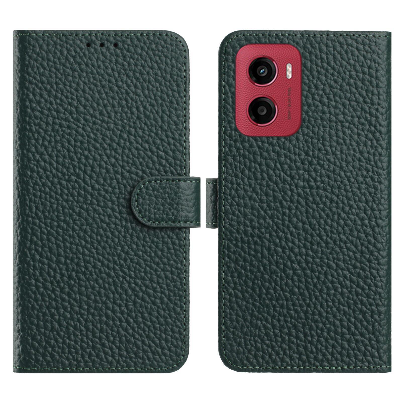 

For Motorola Moto E15 4G/G05 4G Case Wallet Stand Litchi Texture Genuine Cow Leather Flip Phone Cover Green