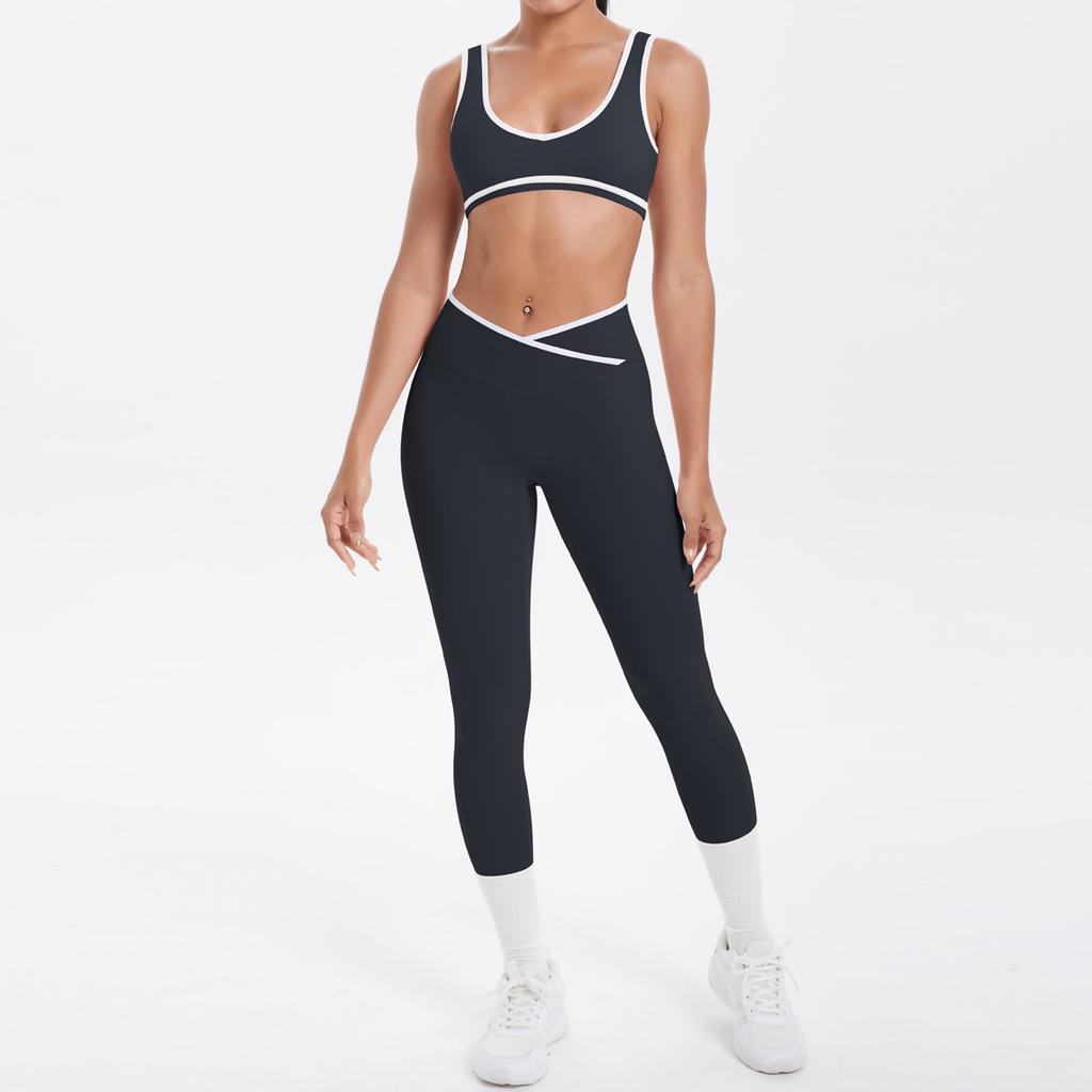 New double-sided abrasive contrasting colors, tight-fitting and breathable cross yoga suit, sports running and fitness two-piece suit