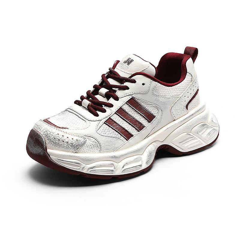 Retro polished dad shoes women's spring new three-bar old sports shoes thick-soled heightening leather running shoes