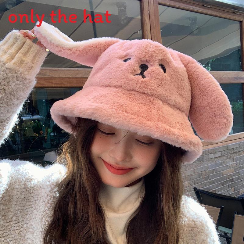 Korean Style Plush Rabbit Ears Bucket Hat With Warm Windproof Function For Outdoor Winter Wear
