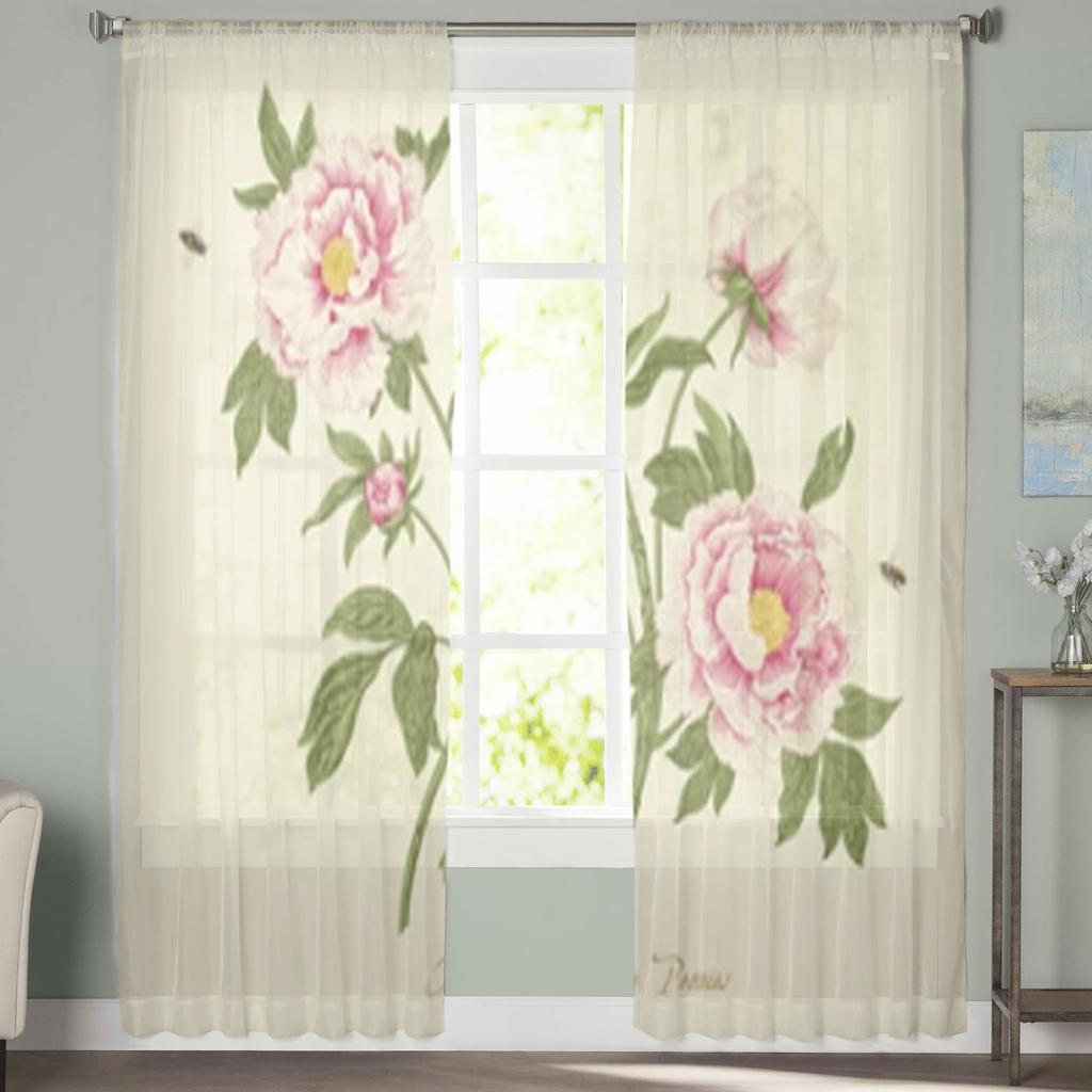 Vintage Peonies Sheer Curtains Transparent Voile Tulle Drapes For Living Room Bedroom Window Floral Home Decor
