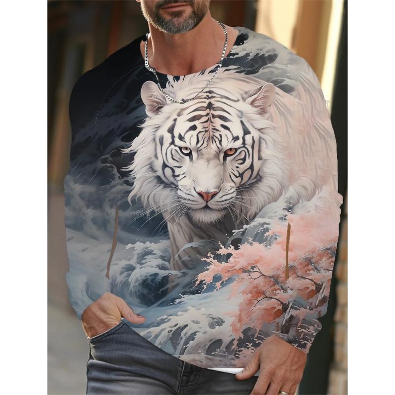 Spring and Autumn Round Neck Tiger Pattern 3D Printed Top Fashionable Casual Long Sleeved Men's T-shirts