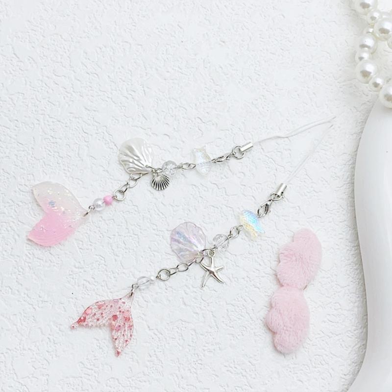 Shell Fish Tail/Bass/Heart Needle Keyring Phone Charm Detachable Phone Lanyard Beaded Keychain Jewelry for Wallet