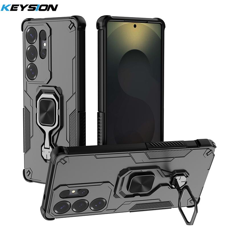 KEYSION Etui odporne na wstrząsy do Samsung S25 Ultra 5G Miękki silikon + PC Pionowy metalowy stojak na telefon Tylna obudowa do Galaxy S25+ Plus