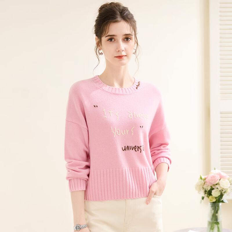 TUHUANG Women's Pure Wool Letter Embroidered Round Neck Sweater
